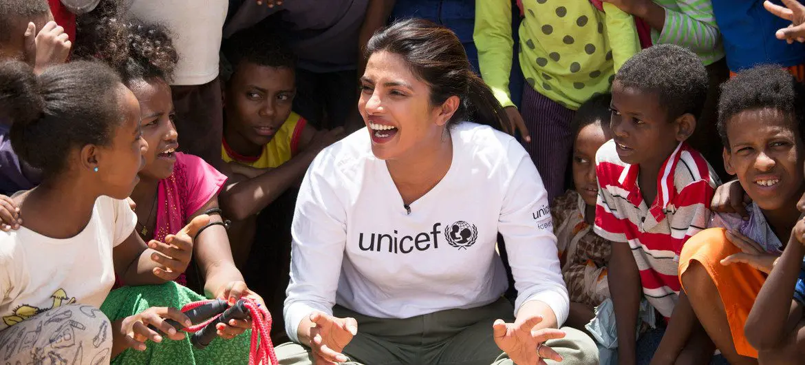 UNICEF Goodwill Ambassador Priyanka Chopra Jonas watches a football game between Eritrean refugee children and children from Ethiopia in the country's Hitsats refugee camp. UNICEF Goodwill Ambassador Priyanka Chopra Jonas watches a football game between Eritrean refugee children and children from Ethiopia in the country's Hitsats refugee camp.