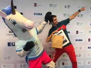 EUG2022 Mascot Eugenio and event Ambassador Olympian Kajetan Duszynski