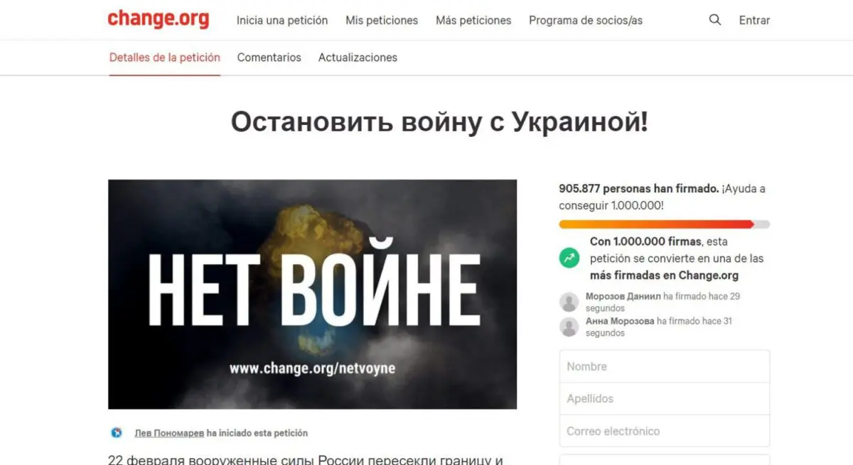 A petition in Change.Org almost reaching 1M asking for Russia-Ukraine PEACE