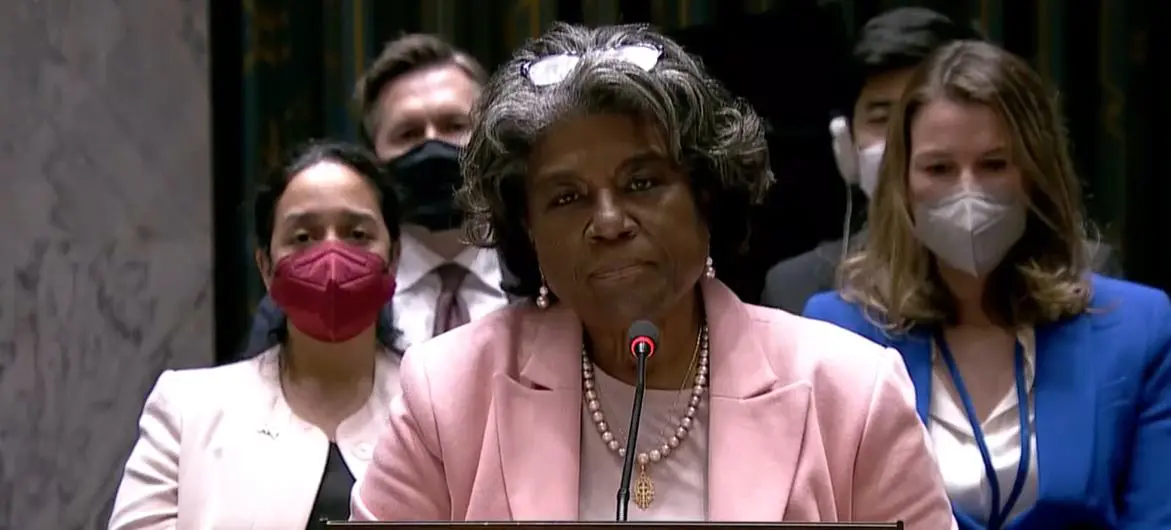 US ambassador Linda Thomas-Greenfield addresses the Security Council.