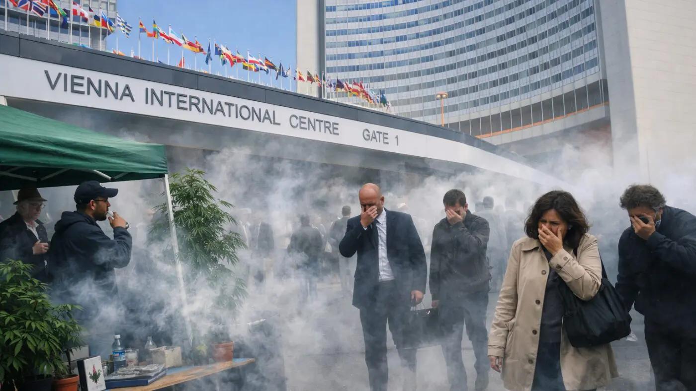 Delegates approach the Vienna International Centre amid cannabis smoke near the entrance during the 69th session of the Commission on Narcotic Drugs, on 12 March 2026.