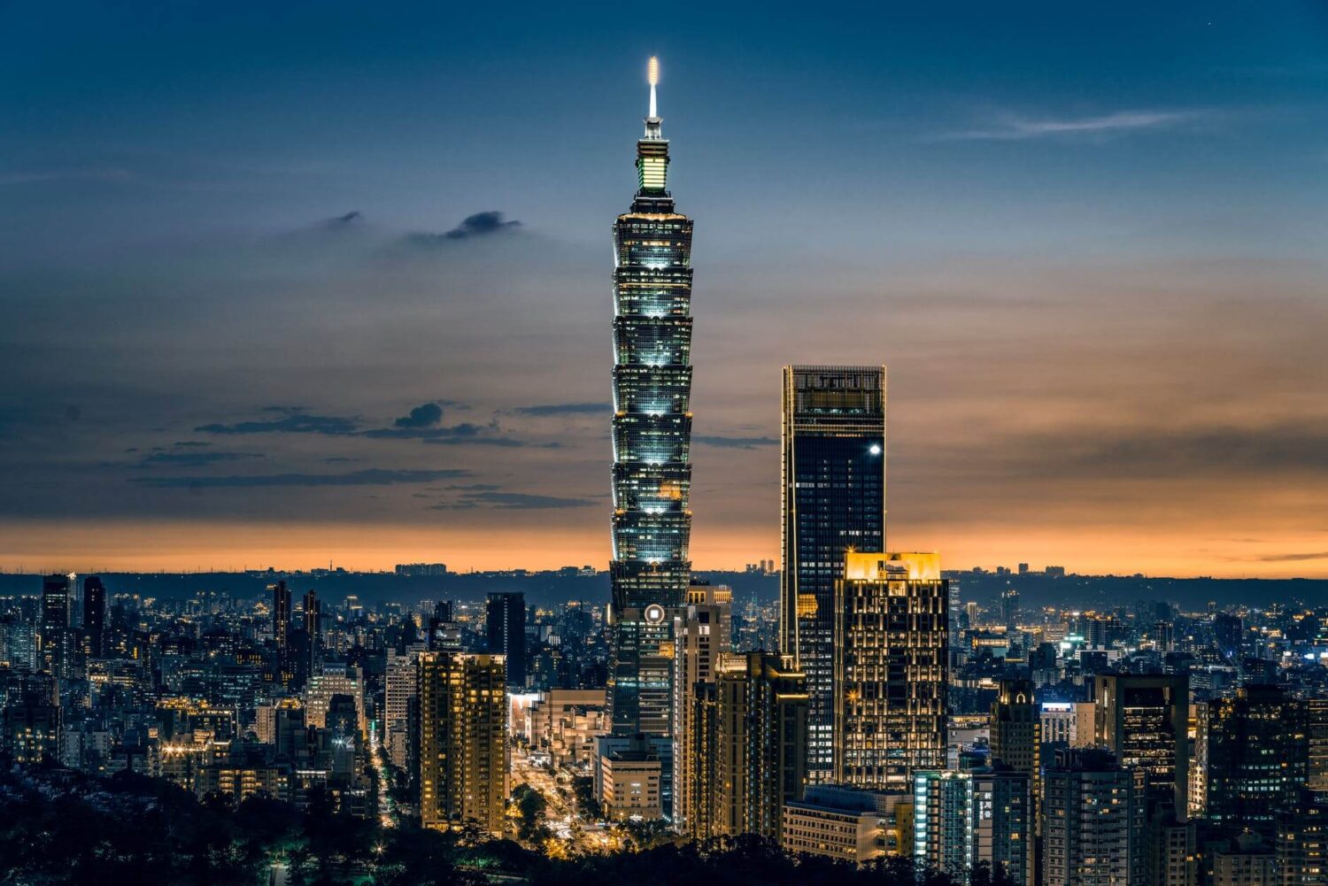 city skyline at night time