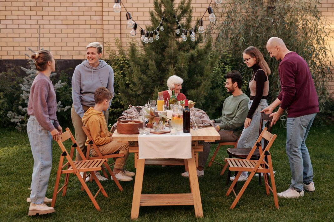family having picnic on terrace