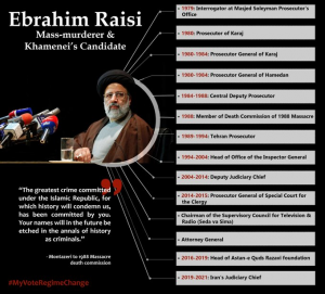 16 Junie 2021 - Ebrahim Raisi, 'n lid van die 1988-slagting se "Doodskommissie" aangewys as die hoogste geregtelike posisie binne die regime.
