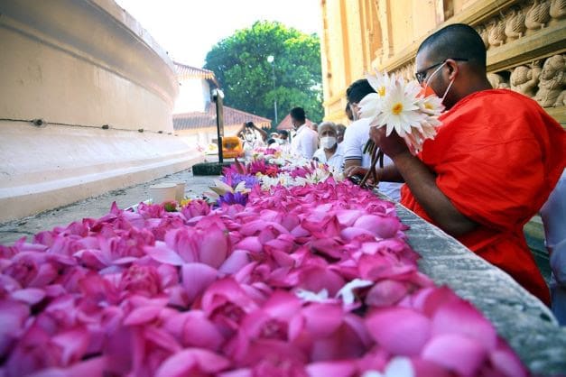 Keleniya Temple 3 'n Boeddhistiese monnike maak sy blomme-offer. Foto Ajith Perera Xinhua Sri Lankane vier Boeddha se eerste besoek aan die eiland