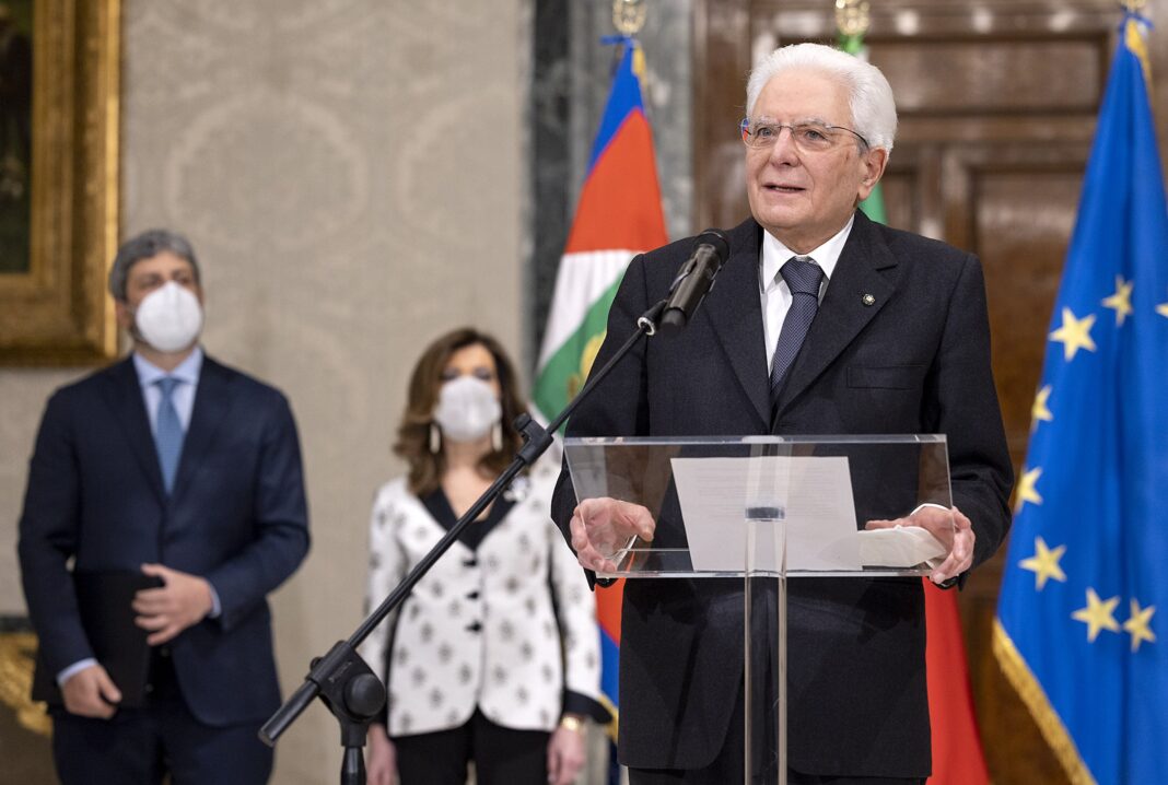President Sergio Mattarella with the President of the Senate Maria Elisabetta Alberti Casellati and the President of the Chamber of Deputies Roberto Fico, during the announcement of the results of the vote for the election of the President of the Republic.