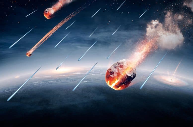 Meteoriti in viaggio verso la Terra e sfondamento nell'atmosfera, soggetto l'acqua terrestre dalla NASA - Earthmap per 3Drender; per gentile concessione dell'Università di Glasgow