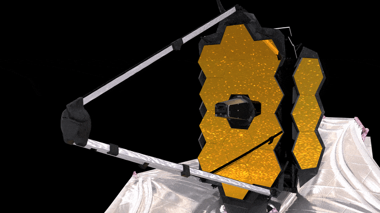 Despliegue del espejo principal del telescopio espacial Webb. Crédito: Laboratorio de imágenes conceptuales del Centro de Vuelo Espacial Goddard de la NASA