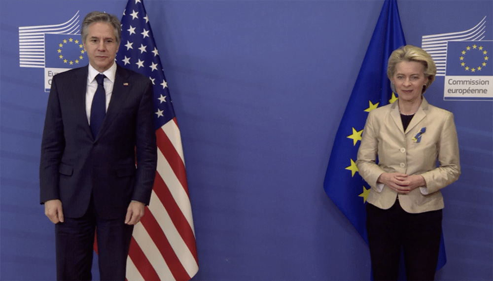 Президент фон дер Ляйен с госсекретарем США Блинкеном - скриншот европейской комиссии 2022-03