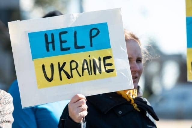 84/5Résultatsdetraduction女性がウクライナの旗の背景に看板を掲げているテキスト：ウクライナを助ける