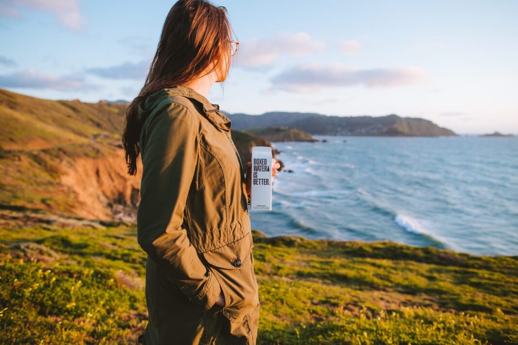 защитить океанскую женщину в коричневой куртке, стоящую на зеленом травяном поле возле водоема в дневное время