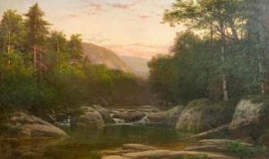 Monumental oil on canvas landscape by George Hetzel (French/American, 1826-1899), titled Scalp Level Landscape, Pennsylvania, 1887 ($22,140).