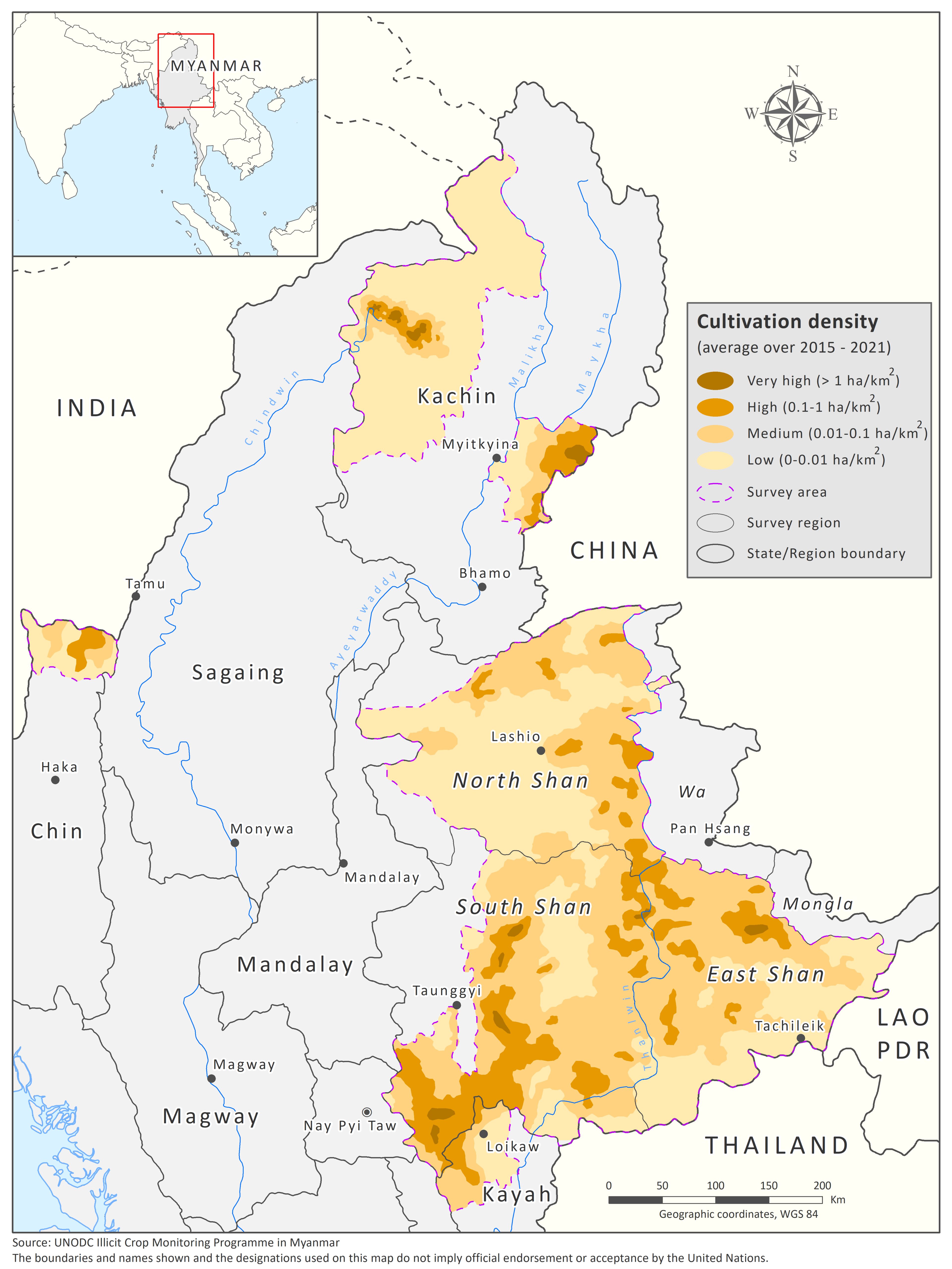 缅甸罂粟种植密度（2015-2021 年期间的平均值，单位为公顷/平方公里）