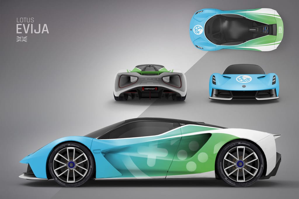 The racing electric car Lotus Evija as it appears in the green activation of videogame Asphalt 9.