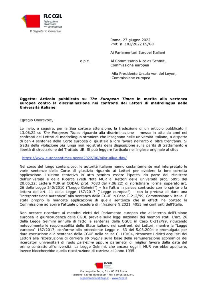 Carta de la FLC CGIL sobre la situación de Lettori en Italia