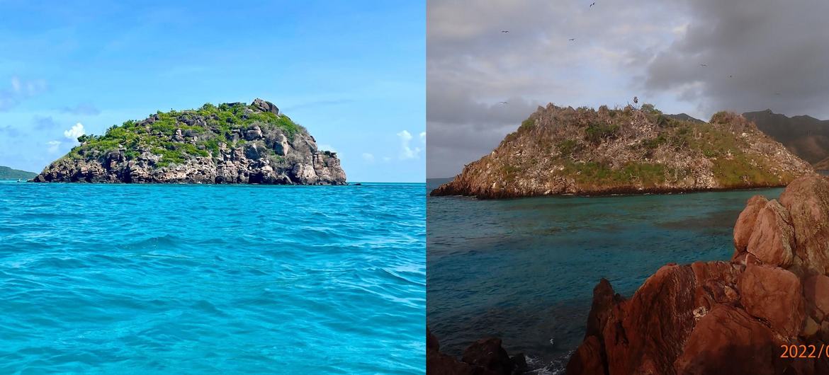 (Links) Crab Key im Juni 2022 (rechts) Crab Cay direkt nach dem Hurrikan Iota.