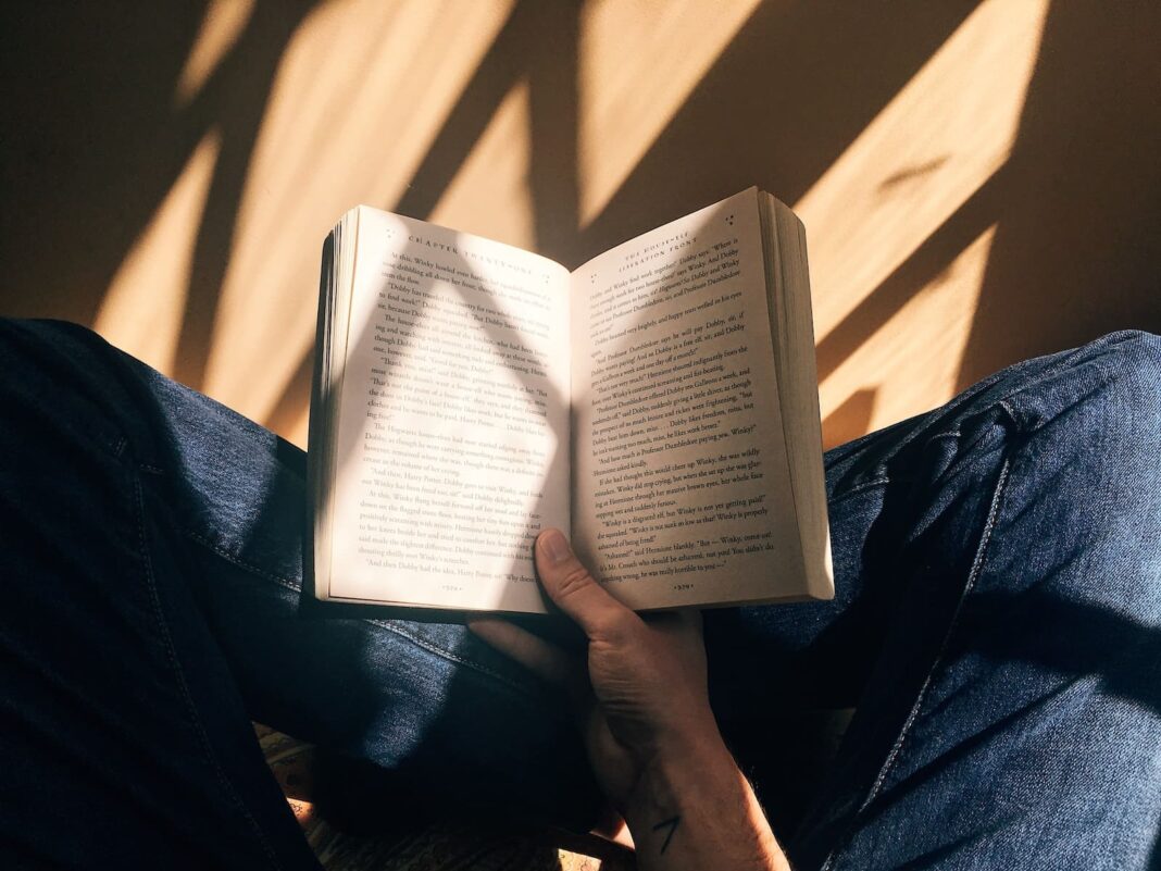 Por qué el libro nunca morirá incluso en la era de Internet: persona sosteniendo un libro sentado en una superficie marrón