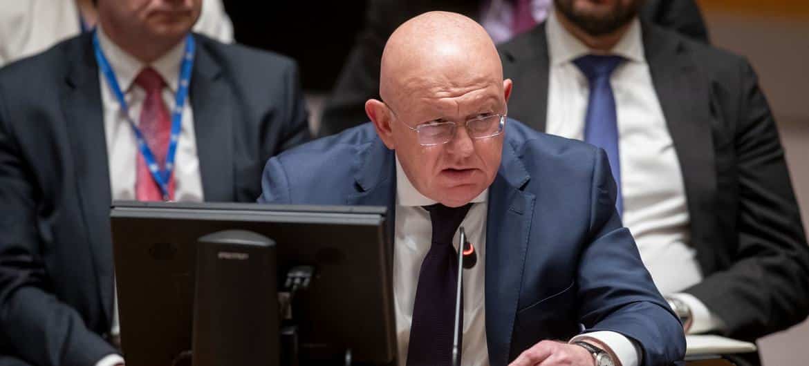 Ambassador Ambassador Vassily Nebenzia of the Russian Federation addresses the UN Security Council meeting on Maintenance of peace and security of Ukraine.