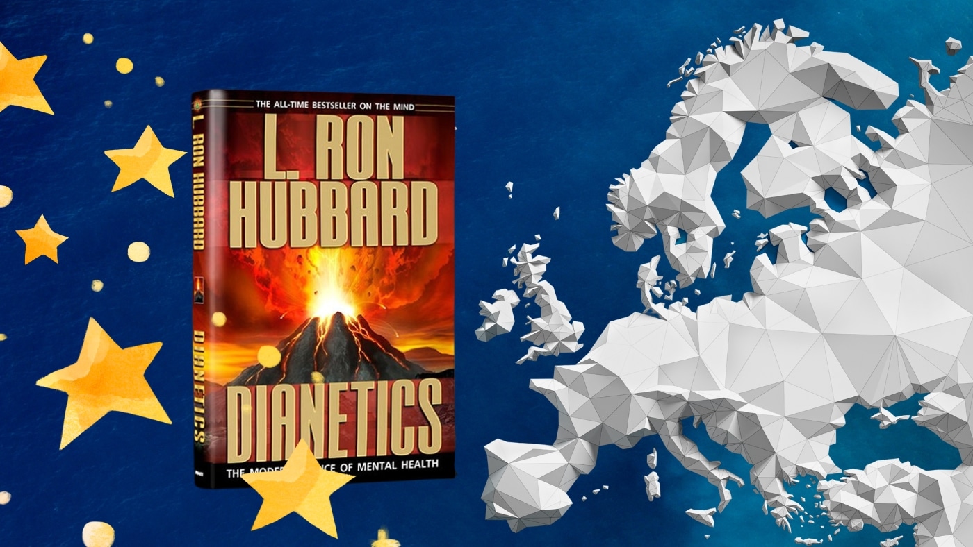 Dianetics book and Europe map, with anniversary stars