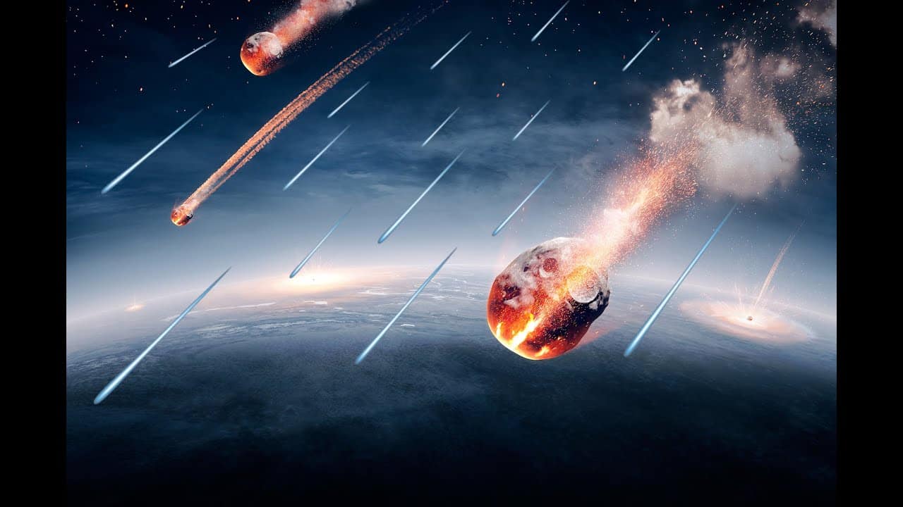 Meteorites on their way to Earth and breaking through the atmosphere, subject Earth's water by NASA- earthmap for 3Drender; courtesy University of Glasgow