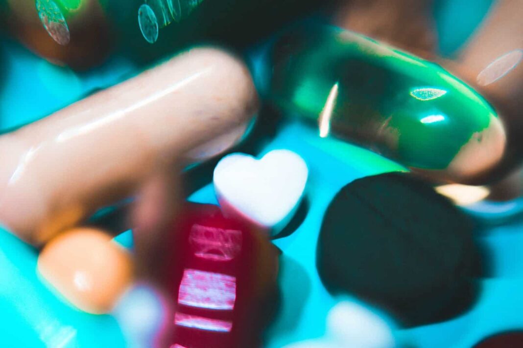 um close-up de comprimidos e frascos de comprimidos