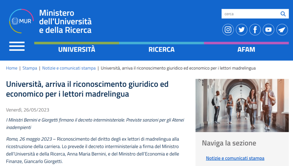 Lettori - Anuncio del Ministerio de Universidades italiano de un próximo decreto interministerial
