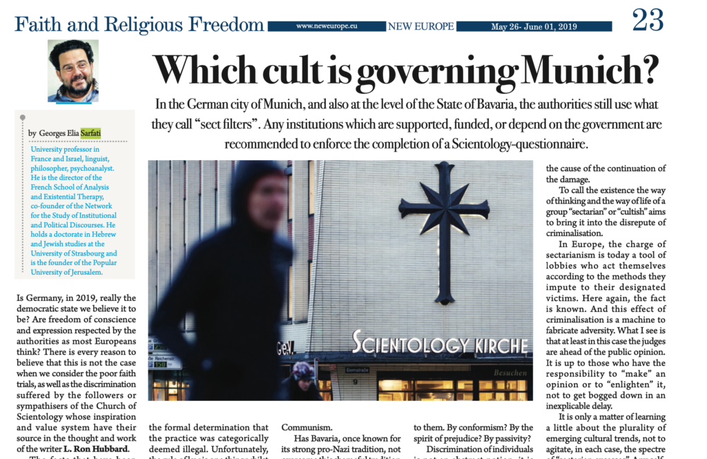 Germany : Which Cult is Governing Munich, artikulo ni Georges Elia Sarfati sa New Europe