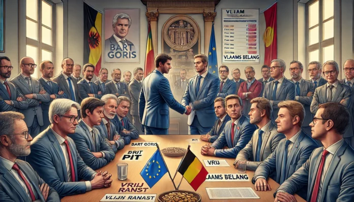 A political meeting featuring multiple leaders shaking hands, with flags and nameplates on the table, representing European and Belgian interests.