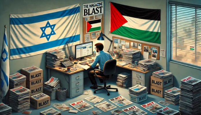 A person seated at a cluttered desk surrounded by newspapers and flags of Israel and Palestine, representing a newsroom environment.