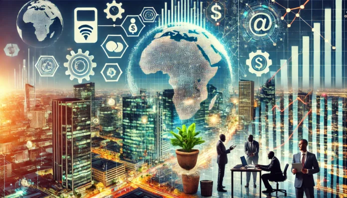 Dall·e 2024 11 07 17.04.51 A 16 9 Image Depicting The Transformative Growth Of Fintech In Africa, Featuring Digital Finance Elements Such As Mobile Banking Icons, Fintech Networ