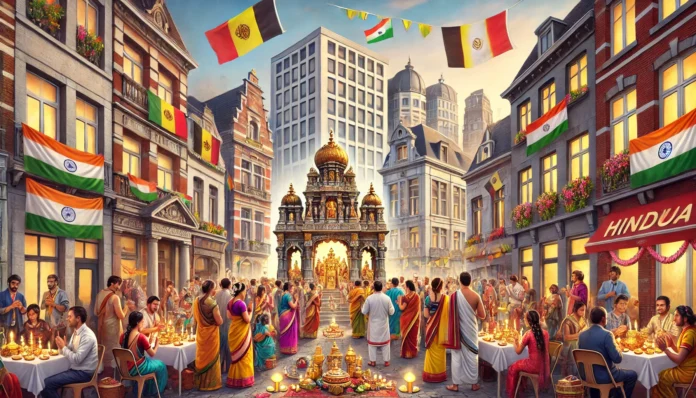 Dall·e 2024 12 04 13.04.30 A Cultural And Celebratory Scene Showcasing Hinduism In Belgium, Blending Traditional Indian And Modern Belgian Elements. The Foreground Features A Hi