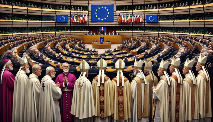 Dall·e 2024 12 06 12.00.54 A Symbolic Representation Of Catholic Bishops Gathered In A Solemn Setting, Addressing The European Union. The Scene Includes A Group Of Bishops In Tr