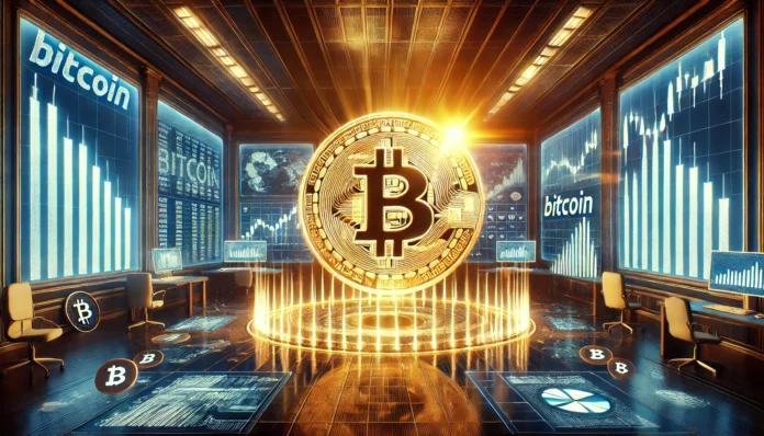 Dall·e 2024 12 06 12.47.11 A Dynamic And Futuristic Financial Scene Illustrating Bitcoin's Historic Surge Past $100,000. The Image Features A Massive Glowing Bitcoin Coin Promin