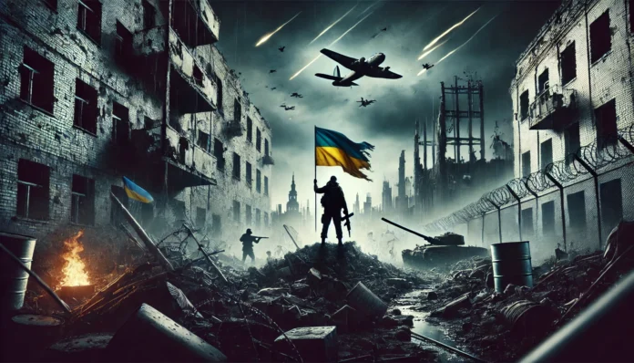 Dall·e 2024 12 13 14.42.49 A Dramatic And Evocative Image Capturing The Dire Human Rights Situation In Ukraine Amid War. The Scene Includes A Devastated Urban Area With Bombed O