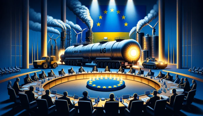 Dall·e 2024 12 17 15.38.25 An Illustration For A News Article Criticizing The European Union's Sanctions On Russian Fossil Fuels. The Image Shows A Symbolic European Union Meeti