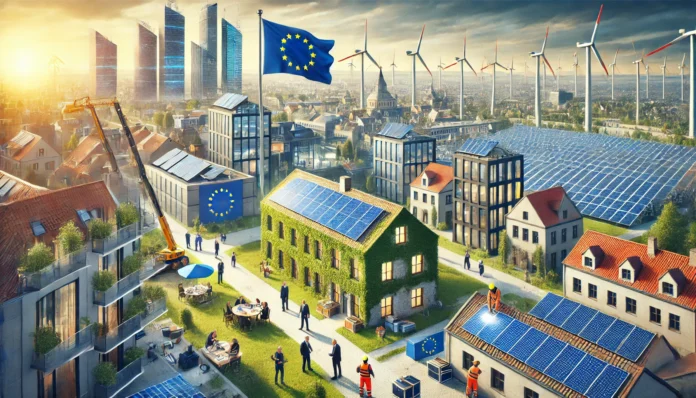 Dall·e 2024 12 18 13.12.31 A Realistic Photograph Style Image Symbolizing European Unity And The Energy Transformation In A Central And Eastern European (cee) Cityscape. The Sce