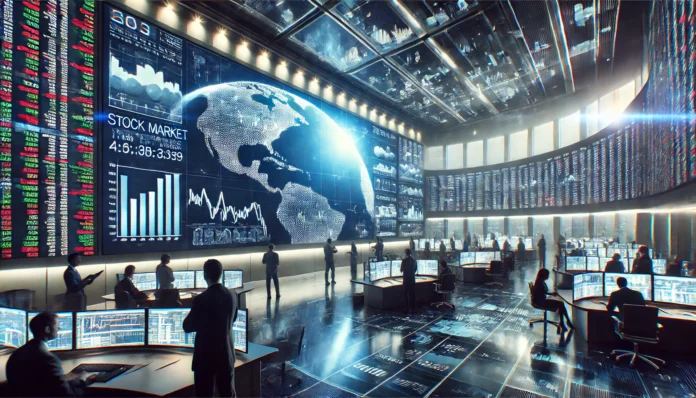 Dall·e 2024 12 20 14.28.48 A High Resolution Realistic Photography Capturing The Global Economic Landscape One Image Featuring A Modern Stock Exchange Trading Floor Filled With