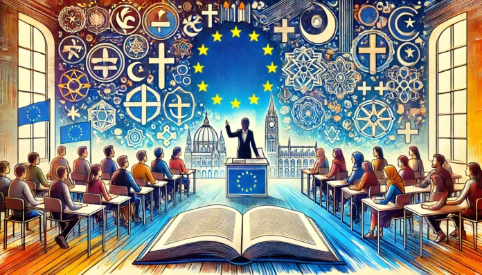 Dall·e 2024 12 21 16.24.13 An Artistic And Modern Illustration Depicting The Significance Of Religious Education In European Schools. The Image Features A Group Of Diverse Stude